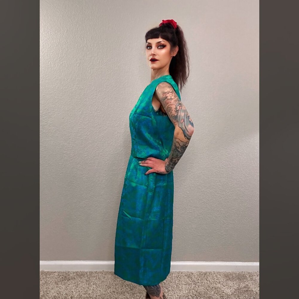 60s Satin Blue Green 3 pc Walking Suit Floral Mod MCM Top Jacket Pencil Skirt M - Picture 5 of 11